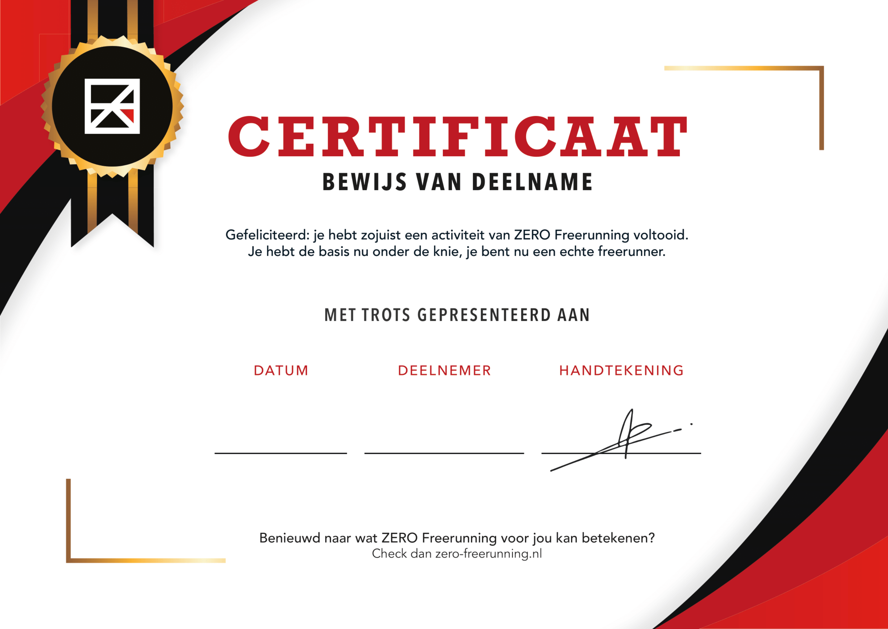Voorbeeld van het Freerunning Certificaat dat elke leerling ontvangt